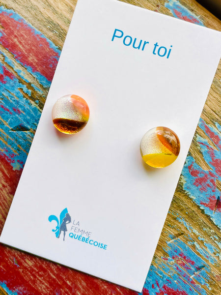 Boucles d’oreilles tire-d’érable, blanc argenté et orange et jaune